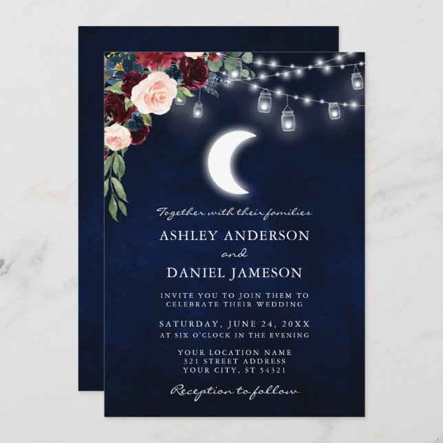 Celestial Moon Floral Jar Lights Photo Wedding Invitation (Front/Back)