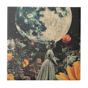 Celestial Moon Garden Sepia Floral Girl Ceramic Tile
