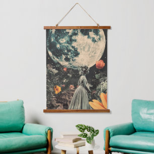 Celestial Moon Garden Sepia Floral Girl Hanging Tapestry