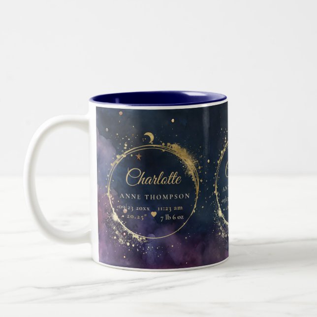 Celestial Moon Gift Birth Stats Keepsake Navy Blue Two-Tone Coffee Mug (Left)