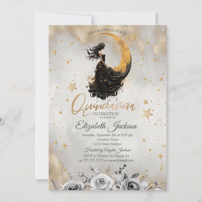 Celestial  Moon Girl Flowers Stars Quinceanera Invitation (Front)