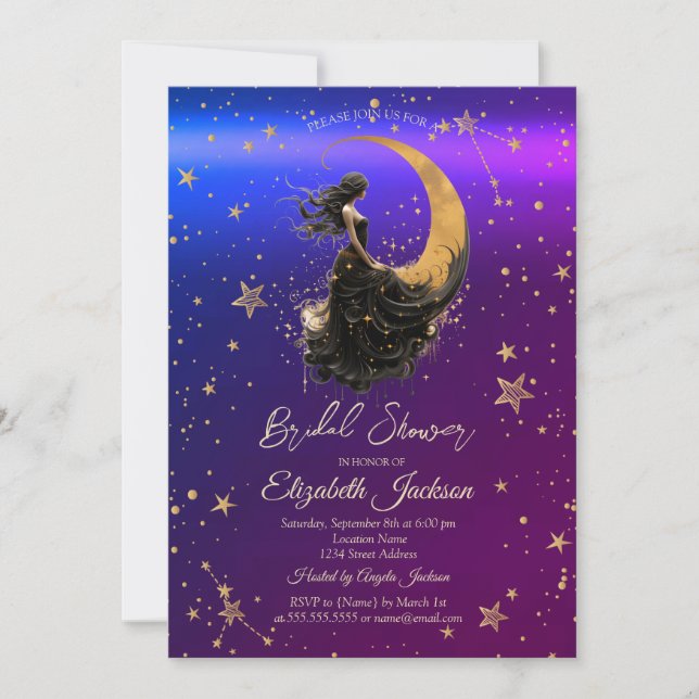 Celestial Moon,Girl,Stars Purple Bridal Shower Invitation (Front)