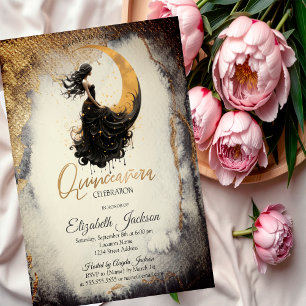 Celestial Moon Girl Watercolor Gold Quinceanera Invitation