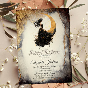 Celestial Moon Girl Watercolor Gold Sweet 16 Invitation