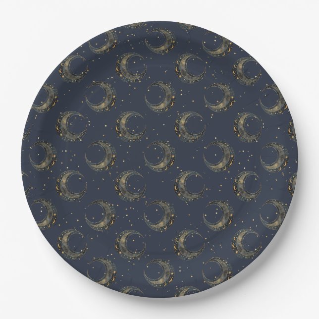Celestial Moon Gold Starry Night Pattern (1) Paper Plate (Front)