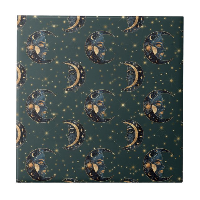 Celestial Moon Gold Starry Night Pattern (2) Ceramic Tile (Front)