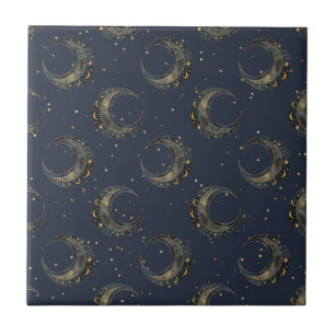 Celestial Moon Gold Starry Night Pattern Ceramic Tile