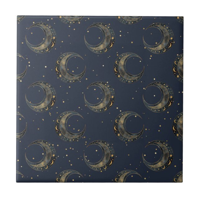 Celestial Moon Gold Starry Night Pattern Ceramic Tile (Front)