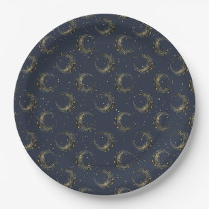 Celestial Moon Gold Starry Night Pattern Paper Plate