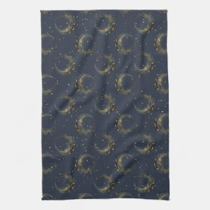Celestial Moon Gold Starry Night Pattern Tea Towel
