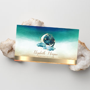 Celestial Moon Gold Stars Green Business Card