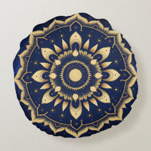 Celestial Moon Mandala Design Navy Blue & Gold S Round Cushion