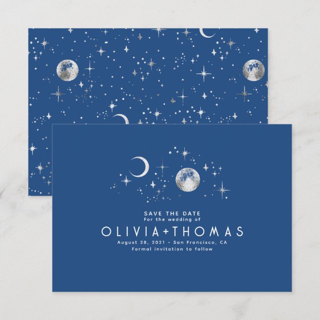 Celestial Moon Navy Blue Save the Date (Front/Back)