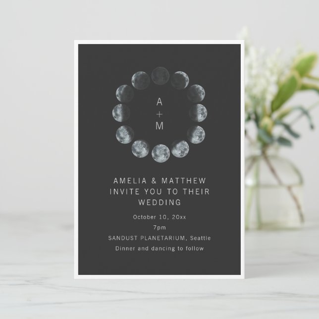 Celestial Moon Phase Black Dark Night Sky Wedding Invitation (Standing Front)