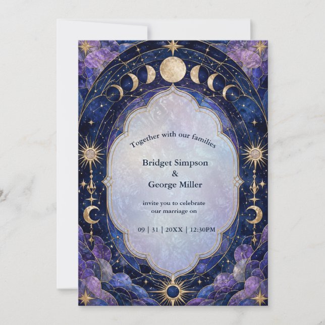 Celestial Moon Phase Wedding in Midnight Blue Invitation (Front)