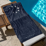 Celestial Moon Phases Silver Monogram Beach Towel<br><div class="desc">Beautiful crescent moon with silver stars on a velvet midnight blue background.</div>