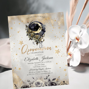 Celestial Moon Roses Stars Quinceanera Invitation