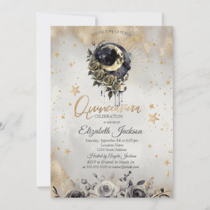 Celestial Moon Roses Stars Quinceanera Invitation