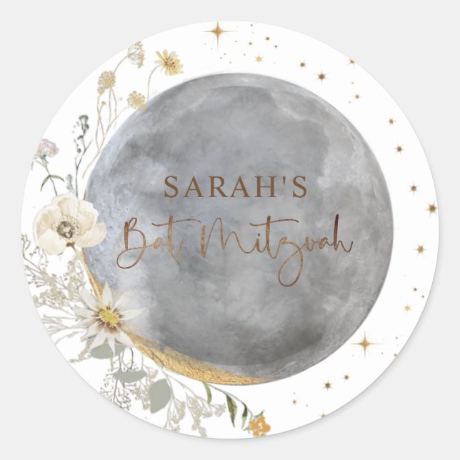 Celestial Moon, Silver, White and Gold Bat Mitzvah Classic Round Sticker (Front)