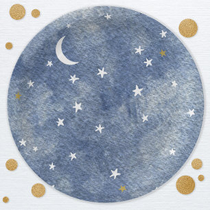 Celestial Moon Star Navy Blue Watercolor Paper Plate