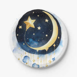 Celestial Moon Stars Baby Shower Watercolor Theme Paper Plate