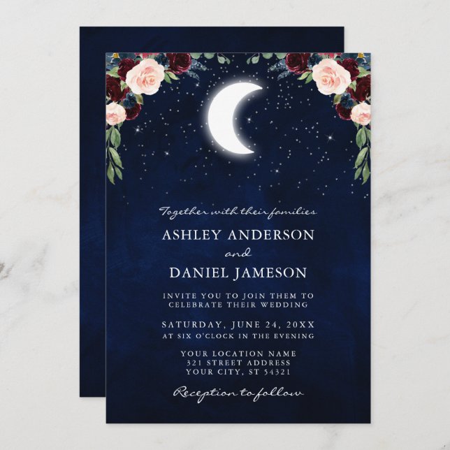 Celestial Moon Stars Burgundy Floral Photo Wedding Invitation (Front/Back)