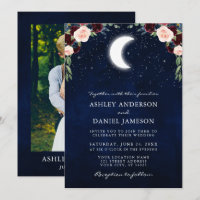 Celestial Moon Stars Burgundy Floral Photo Wedding