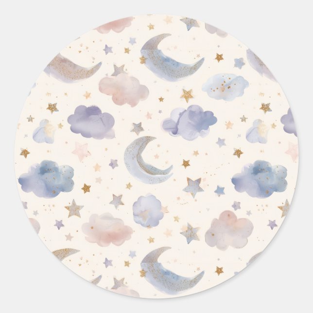 Celestial Moon Stars Clouds Pastel Lavender Classic Round Sticker (Front)