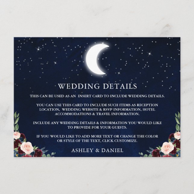 Celestial Moon Stars Floral Wedding Details Enclosure Card (Front)