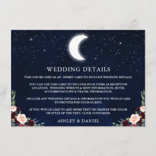 Celestial Moon Stars Floral Wedding Details Enclosure Card