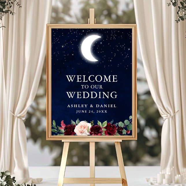 Celestial Moon Stars Floral Wedding Welcome Poster (Customize to change text color, text size, text style or size of poster.)