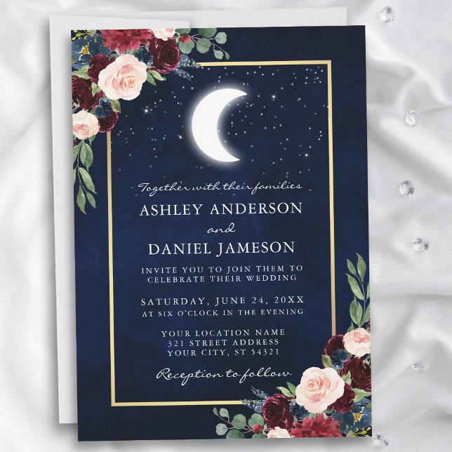 Celestial Moon Stars Gold Wedding Invitation (Customize to add more text or photos to back of card.)