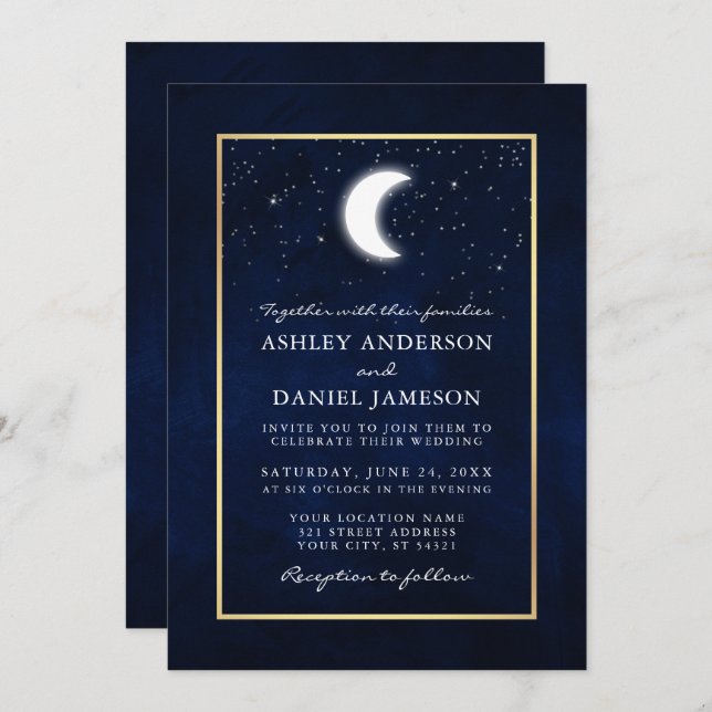 Celestial Moon Stars Gold Wedding Invitation (Front/Back)