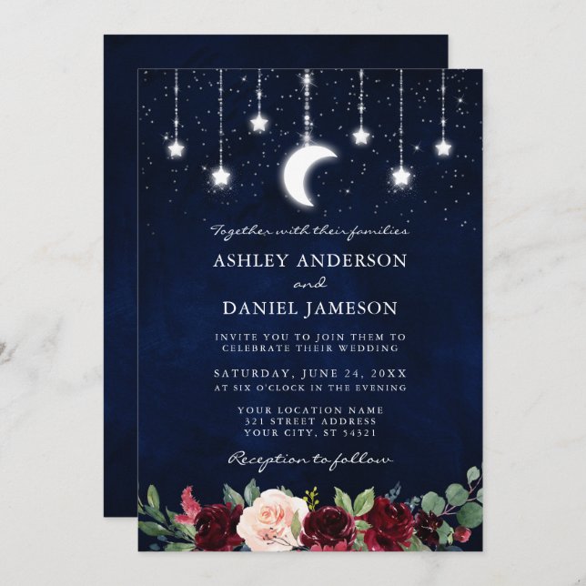 Celestial Moon Stars Lights Wedding Floral Photo Invitation (Front/Back)
