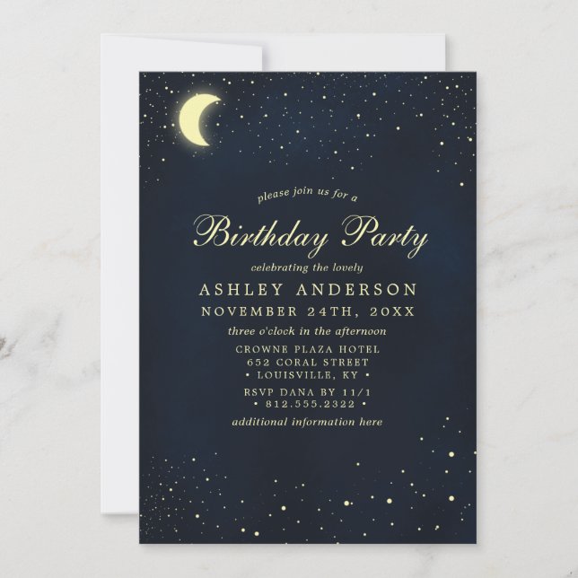 Celestial Moon Stars Midnight Blue Birthday Party Invitation (Front)