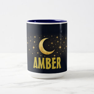 Celestial Moon & Stars Midnight Blue Custom Name  Two-Tone Coffee Mug
