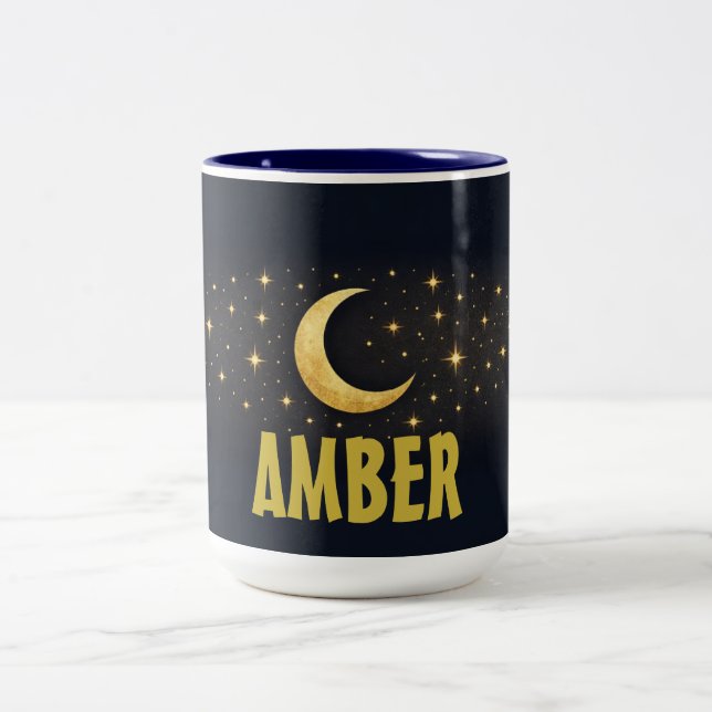 Celestial Moon & Stars Midnight Blue Custom Name  Two-Tone Coffee Mug (Center)