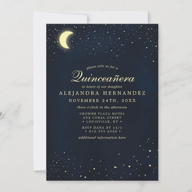 Celestial Moon Stars Midnight Blue Quinceañera Invitation (Front)