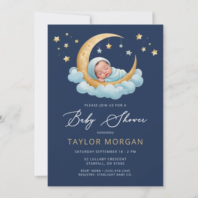Celestial Moon & Stars Navy Boy Baby Shower  Invitation (Front)