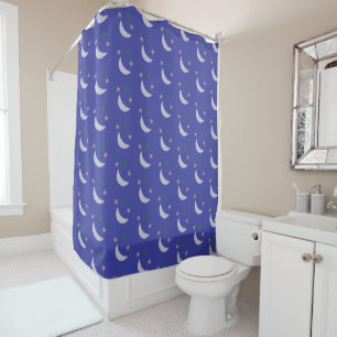 Celestial Moon Stars Pattern on blue Background Shower Curtain