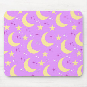 Celestial Moon Stars Pattern Purple Background Mouse Pad