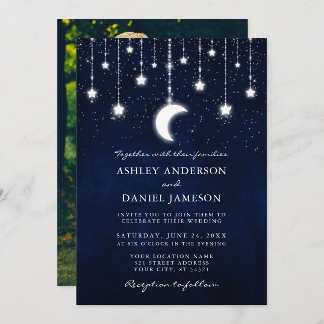 Celestial Moon Stars Photo String Lights Wedding Invitation (Front/Back)