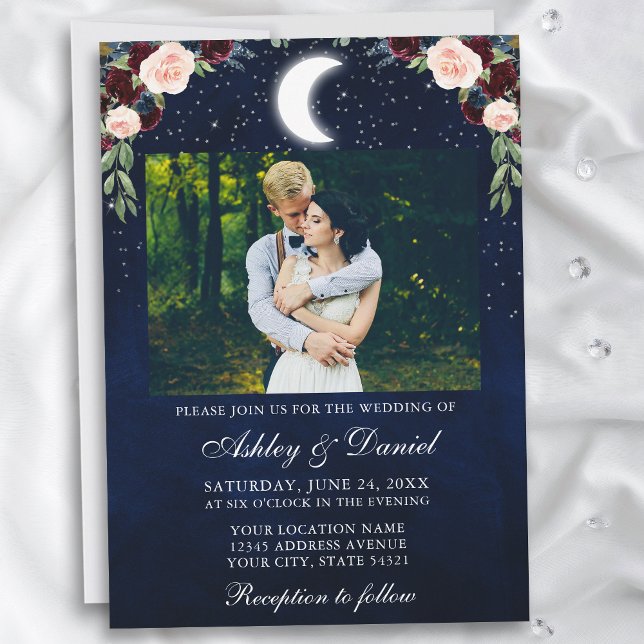 Celestial Moon Stars Photo Wedding Invitation (Customize to add more text or more photos to back of card.)