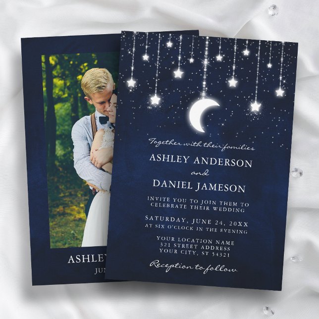 Celestial Moon Stars String Lights Photo Wedding Invitation (Customize to change text size or style.)