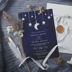 Celestial Moon Stars String Lights QR Code Wedding Invitation