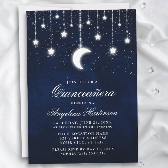 Celestial Moon Stars String Lights Quinceanera Invitation (Customize to add text or a photo to back of card.)