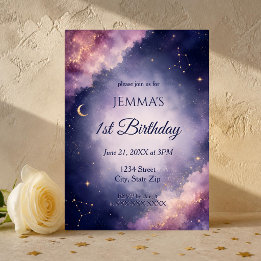 Celestial Moon & Stars Watercolor First Birthday Invitation
