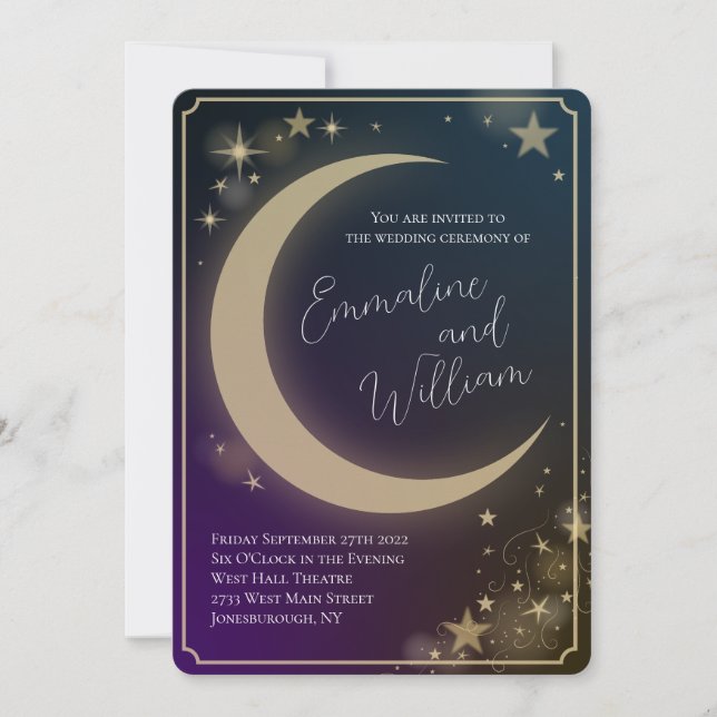 Celestial Moon Stars Wedding Purple Blue Dark Invitation (Front)