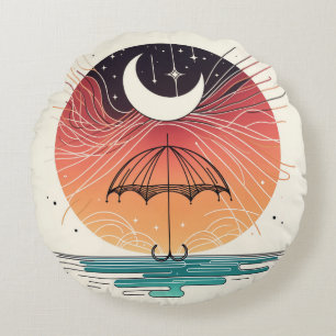 Celestial Moon Umbrella with Star Rain Art Round Cushion