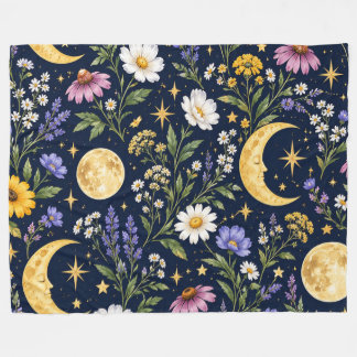Celestial Moon & Wildflower Botanical Seamless  Fleece Blanket